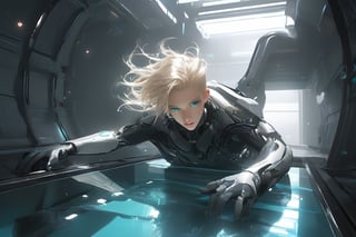 In a futuristic laboratory setting with vaulted white walls and a large pool of liquid, an android boy, with emerald eyes, steel gray hair, and discreet pink nose, lips, and knees, floats one meter above the floor. His body glows with a soft blue hue as mechanical extensions emerge from his limbs, seamlessly completing his white-skinned mechanical form. A cute blond-haired human boy peers out from behind a nearby assembly module, observing the android's unique composition, artist name.