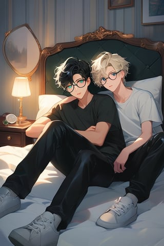 In a cozy bedroom setting inspired by Ghilbi's whimsical animation style, two young male androgynous boyfriends snuggle up together. The duo wears striking outfits: one clad in black leather tight pants and shirt with socks, his pale skin accentuated by short hair with subtle gray undertones and piercing green eyes framed by wire-rimmed glasses. His partner sports black hair and mesmerizing heterochromia eyes, with a similar haircut featuring layered volume and long top strands framing their face.

The pair's fashion sense is completed with bicolor sneakers and backpacks. They sit contentedly in bed, surrounded by plush pillows and a soft blanket, with a third blonde boy in a white outfit lounging nearby. The warm glow of a bedside lamp casts a gentle light on the scene, capturing the joy and affection shared between these three young loves.