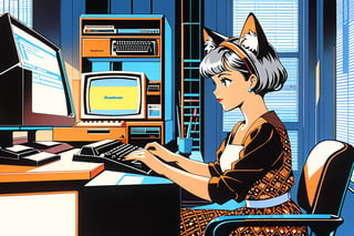 In a nostalgic 1980s setting, a 19-year-old girl with mid-short grey hair, donning cat ears and tail, sits comfortably in an office chair adorned with Antonio Verdeja's embroidery. The chair is situated in front of a metallic desk, where she intently writes on an old Commodore 64 computer from 1982. A small black cat perches beside her, as if observing the scene. The room is filled with IBM System 360 tape stations and vintage office equipment, evoking a sense of nostalgia. In the afternoon light, the warm glow illuminates the girl's determined expression, as she taps away at the computer keyboard, surrounded by the nostalgic ambiance of a bygone era.