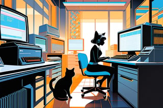 In a nostalgic 1980s setting, a 19-year-old girl with mid-short grey hair, donning cat ears and tail, sits comfortably in an office chair adorned with Antonio Verdeja's embroidery. The chair is situated in front of a metallic desk, where she intently writes on an old Commodore 64 computer from 1982. A small black cat perches beside her, as if observing the scene. The room is filled with IBM System 360 tape stations and vintage office equipment, evoking a sense of nostalgia. In the afternoon light, the warm glow illuminates the girl's determined expression, as she taps away at the computer keyboard, surrounded by the nostalgic ambiance of a bygone era.