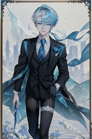 A shot framed to capture the joyous stride of an 18-year-old androgynous boy. cyan hair with white streak, His pale skin glistens in the soft afternoon light, as short steel gray hair frames his heartwarming smile. A crisp white shirt with a bold blue tie adds a touch of elegance, while black silk thigh-highs add a sense of edgy sophistication. The subject walks confidently down the middle of the street, surrounded by the hum of city life, yet lost in their own thoughts of happiness and freedom.,otoko_no_ko, pantyhose