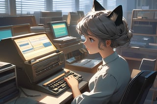 In a nostalgic 1980s setting, a 19-year-old girl with mid-short grey hair, donning cat ears and tail, sits comfortably in an office chair adorned with Antonio Verdeja's embroidery. The chair is situated in front of a metallic desk, where she intently writes on an old Commodore 64 computer from 1982. A small black cat perches beside her, as if observing the scene. The room is filled with IBM System 360 tape stations and vintage office equipment, evoking a sense of nostalgia. In the afternoon light, the warm glow illuminates the girl's determined expression, as she taps away at the computer keyboard, surrounded by the nostalgic ambiance of a bygone era.