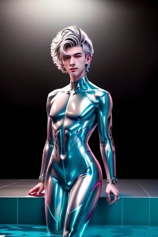 young android boy, androgynous, slightly surprice expression, emerald eyes, steel-grey hair color, discrete pink nose lips and knees, his body being assembled in a laboratory with white walls or domed shapes, the pieces of his mechanical and white-skinned organic body come out through mechanical arms from a pool of liquid under his body, epic style,Sci Fi,(MkmCut),cute blond boy,Mecha body,metallic latex, tights