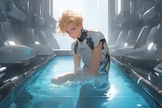 In a futuristic laboratory setting with vaulted white walls and a large pool of liquid, an android boy, with emerald eyes, steel gray hair, and discreet pink nose, lips, and knees, floats one meter above the floor. His body glows with a soft blue hue as mechanical extensions emerge from his limbs, seamlessly completing his white-skinned mechanical form. A cute blond-haired human boy peers out from behind a nearby assembly module, observing the android's unique composition, artist name.