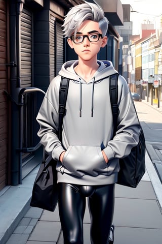 young androgynous boy in black thights lycra leggings and shirt dressed with open light grey hoodie and socks, pale skin, drop frame eyeglasses, hair cut is short youthful in layers for volume and long top strands towards the forehead, bicolor loafers, walking in a street with his laptop bag and a kia k3 red color car parked behind him,3d pixar style,Car,penis penetration,1Car