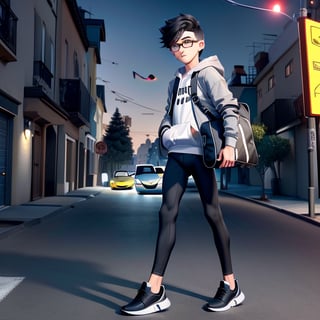 young androgynous boy in black thights lycra leggings and shirt dressed with open light grey hoodie and socks, pale skin, drop frame eyeglasses, hair cut is short youthful in layers for volume and long top strands towards the forehead, bicolor loafers, walking in a street with his laptop bag and a kia k3 red color car parked behind him,3d pixar style,Car,penis penetration,1Car