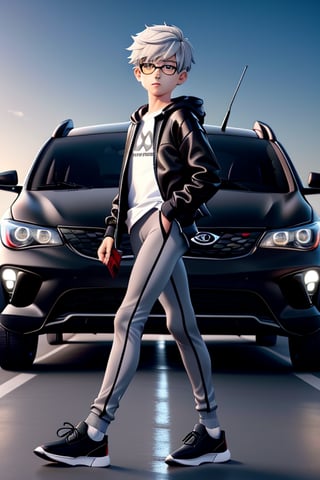 young androgynous boy in black thights lycra leggings and shirt dressed with open light grey hoodie and socks, pale skin, drop frame eyeglasses, hair cut is short youthful in layers for volume and long top strands towards the forehead, bicolor loafers, walking in a street with his laptop bag and a kia k3 red color car parked behind him,3d pixar style,Car,penis penetration,1Car