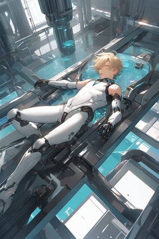 android boy, young male androgynous, 
sleeping, emerald eyes, steel gray hair, discreet pink nose, lips and knees, his body floating one meter from the floor passes through assembly modules that complete it in a laboratory with white walls of shapes Vaulted, the pieces of its white-skinned mechanical body emerge through mechanical arms from a large pool of liquid under its rail passage, epic visual style,cute blond boy