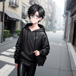 young androgynous boy in black lycra leggings and shirt dressed with open light grey hoodie and socks, pale skin, drop frame eyeglasses, hair cut is short youthful in layers for volume and long top strands towards the forehead, bicolor loafers, walking in a street with his laptop bag and a kia k3 red color car parked behind him,3d pixar style,