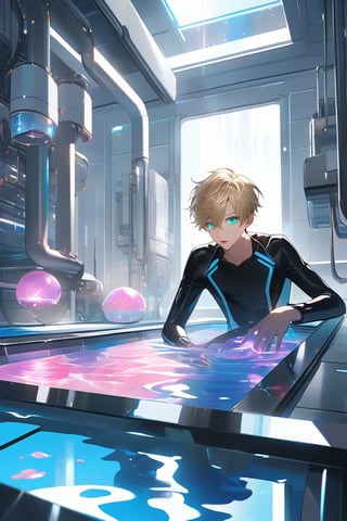 A soft focus illuminates the laboratory setting, casting a warm glow on vaulted white walls and a large pool of liquid as an android boy floats one meter above the floor, his ethereal form radiating a gentle blue light. The lighting creates a sense of serenity amidst the sterile environment. The android's emerald eyes sparkle, surrounded by steel gray hair and delicate pink accents on his nose, lips, and knees. His extensions harmonize with his synthetic body, creating a mesmerizing composition. In the background, a curious blond-haired human boy peeks out from behind an assembly module, captivated by the android's intricate design, his eyes shining with curiosity.