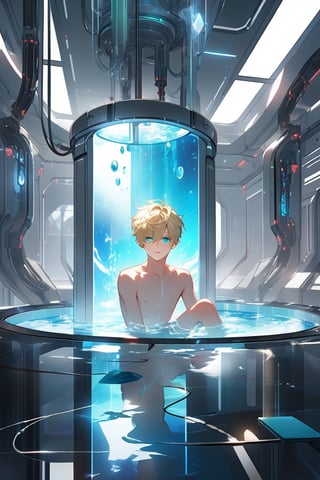 In 'Rebooting Life', an ethereal laboratory setting is bathed in soft, clinical lighting. Vaulted white walls and a large pool of liquid create a futuristic atmosphere. An android boy, with piercing emerald eyes, steel gray hair, and delicate pink accents on his nose, lips, and knees, floats one meter above the floor. His mechanical form glows softly blue as extensions emerge from his limbs, harmonizing with his white-skinned synthetic body. A curious blond- haired human boy peers out from behind an assembly module, captivated by the android's intricate composition.,cute blond boy
