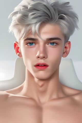 young android boy, androgynous, slightly surprice expression, emerald eyes, steel-grey hair color, discrete pink nose lips and knees, his body being assembled in a laboratory with white walls or domed shapes, the pieces of his mechanical and white-skinned organic body come out through mechanical arms from a pool of liquid under his body, epic style,Sci Fi,(MkmCut),cute blond boy