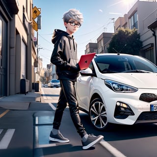 young androgynous boy in black thights lycra leggings and shirt dressed with open light grey hoodie and socks, pale skin, drop frame eyeglasses, hair cut is short youthful in layers for volume and long top strands towards the forehead, bicolor loafers, walking in a street with his laptop bag and a kia k3 red color car parked behind him,3d pixar style,Car,penis penetration,1Car