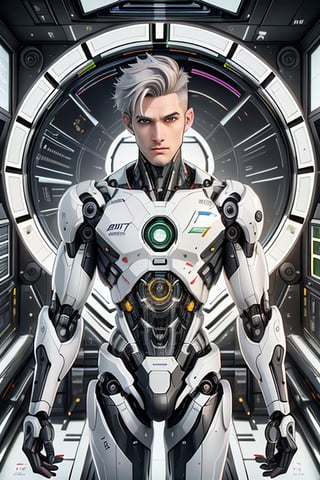 young android boy, androgynous, slightly surprice expression, emerald eyes, steel-grey hair color, discrete pink nose lips and knees, his body being assembled in a laboratory with white walls or domed shapes, the pieces of his mechanical and white-skinned body come out through mechanical arms from a pool of liquid under his body, epic style,Android,android,Cyborg,robot,Sci Fi