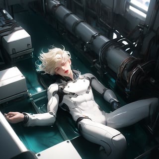 android boy, young male androgynous, 
sleeping, emerald eyes, steel gray hair, discreet pink nose, lips and knees, his body floating one meter from the floor passes through assembly modules that complete it in a laboratory with white walls of shapes Vaulted, the pieces of its white-skinned mechanical body emerge through mechanical extensions from a large pool of liquid under its rail passage, epic visual style,cute blond boy,Mod1el1