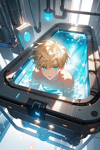 A warm, soft focus glow illuminates the laboratory setting, casting a serene ambiance on vaulted white walls and a large pool of liquid. An android boy floats one meter above the floor, radiating a gentle blue light as he drifts effortlessly amidst the sterile environment. His emerald eyes sparkle, surrounded by steel gray hair and delicate pink accents on his nose, lips, and knees. The harmonious composition of his synthetic body and extensions is mesmerizing. In the background, a curious blond-haired human boy peeks out from behind an assembly module, captivated by the android's intricate design, his shining eyes full of curiosity.