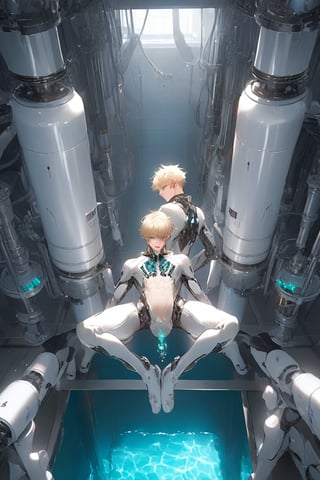 two android boy, two twins young male androgynous, 
twins hugged, emerald eyes, steel gray hair, discreet pink nose, lips and knees, his body floating one meter from the floor passes through assembly modules that complete it in a laboratory with white walls of shapes Vaulted, the pieces of its white-skinned mechanical body emerge through mechanical arms from a large pool of liquid under its rail passage, epic visual style,cute blond boy
