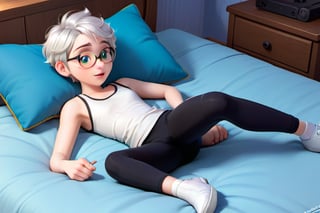 androgynous boy, with pale skin, Round eyeglasses, short hair color silver steel gray, flat chest wearing a withe tank top and black leggings with white socks, Loafers, 3d animated style, rest on the bed in his bedroom play videogames.,disney pixar style
