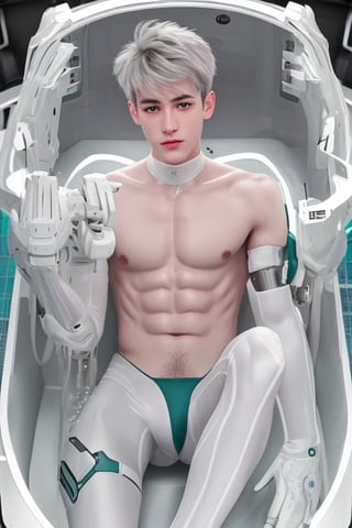 young android boy, androgynous, slightly surprice expression, emerald eyes, steel-grey hair color, discrete pink nose lips and knees, his body being assembled in a laboratory with white walls or domed shapes, the pieces of his mechanical and white-skinned organic body come out through mechanical arms from a pool of liquid under his body, epic style,Sci Fi,(MkmCut),cute blond boy