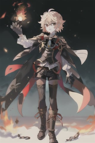 Lyney (genshin impact), boy with black and shiny high tights, black gloves, androgynous boy, top hat magician, soft and skinny body, white skin, rose cheeks and nose, short cut blonde hair, Full body shot, victorian corset with shorts and white sleeves, doing a magician show with fire cards and a bow, Silly cat, highres,boy ,1boy, victorian Mid-Calf Boots Black Leather,Manjiro Sano