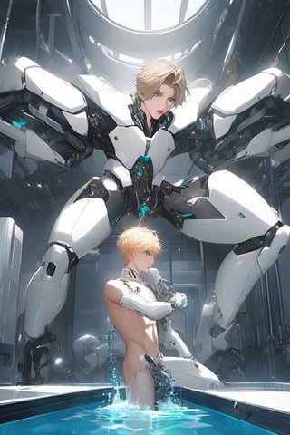 two android boy, two young male androgynous, 
hugged, emerald eyes, steel gray hair, discreet pink nose, lips and knees, his body floating one meter from the floor passes through assembly modules that complete it in a laboratory with white walls of shapes Vaulted, the pieces of its white-skinned mechanical body emerge through mechanical arms from a large pool of liquid under its rail passage, epic visual style,cute blond boy