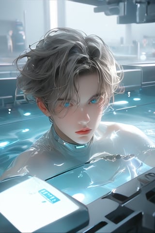 In a futuristic laboratory setting with vaulted white walls and a large pool of liquid, an android boy, with emerald eyes, steel gray hair, and discreet pink nose, lips, and knees, floats one meter above the floor. His body glows with a soft blue hue as mechanical extensions emerge from his limbs, seamlessly completing his white-skinned mechanical form. A cute blond-haired human boy peers out from behind a nearby assembly module, observing the android's unique composition, artist name.