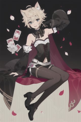 Lyney (genshin impact), boy with black and shiny high tights, black gloves, androgynous boy, tall top hat magician, soft and skinny body, white skin, rose cheeks and nose, short cut blonde hair, Full body shot, victorian corset with shorts and white sleeves, doing a magician show with fire cards and a bow, Silly cat, highres,boy ,1boy, victorian Mid-Calf Boots Black Leather,Manjiro Sano,BoyKisserFur