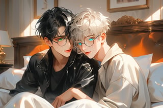 In a warm, golden-lit bedroom reminiscent of Ghilbi's whimsical world, two young male androgynous boyfriends snuggle together. The duo wears black leather pants and matching shirts, their pale skin glowing under the soft light. Short hair, styled in layers for volume with long top strands framing their faces, adds to their youthful charm.

The gray-haired boyfriend sports green eyes behind frame eyeglasses, while his partner dons black hair and heterochromia eyes, a unique feature that sets them apart. Bicolor sneakers and backpacks complete their stylish ensembles.

As they rest happily in bed, a blonde boy in a white outfit joins the snuggle party, adding to the warm and cozy atmosphere. The Ghilbi-inspired anime style brings this tender moment to life, capturing the love and affection between these two androgynous couples.