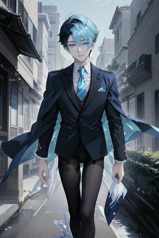 A shot framed to capture the joyous stride of an 18-year-old androgynous boy. cyan hair with white streak, His pale skin glistens in the soft afternoon light, as short steel gray hair frames his heartwarming smile. A crisp white shirt with a bold blue tie adds a touch of elegance, while black silk thigh-highs add a sense of edgy sophistication. The subject walks confidently down the middle of the street, surrounded by the hum of city life, yet lost in their own thoughts of happiness and freedom.,otoko_no_ko, pantyhose