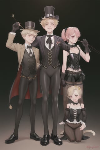 Lyney (genshin impact), boy with black and shiny high tights, black gloves, androgynous boy, top hat magician, soft and skinny body, white skin, rose cheeks and nose, short cut blonde hair, Full body shot, victorian corset with shorts and white sleeves, doing a magician show with fire cards and a bow, Silly cat, highres,boy ,1boy,