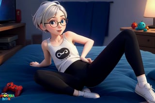 androgynous boy, with pale skin, Round eyeglasses, short hair color silver steel gray, flat chest wearing a withe tank top and black leggings with white socks, Loafers, 3d animated style, rest on the bed in his bedroom play videogames.,disney pixar style,APEX colourful ,SHOE ,Apoloniasxmasbox,Tonikaku 