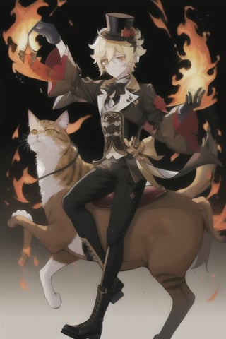 Lyney (genshin impact), boy with black and shiny high tights, black gloves, androgynous boy, top hat magician, soft and skinny body, white skin, rose cheeks and nose, short cut blonde hair, Full body shot, victorian corset with shorts and white sleeves, doing a magician show with fire cards and a bow, Silly cat, highres,boy ,1boy, Mid-Calf Riding Boot Black Leather,