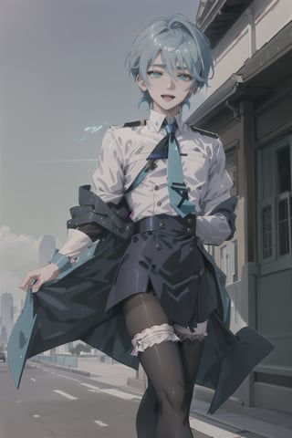 A shot framed to capture the joyous stride of an 18-year-old androgynous boy. cyan hair with white streak, His pale skin glistens in the soft afternoon light, as short steel gray hair frames his heartwarming smile. A crisp white shirt with a bold blue tie adds a touch of elegance, while black silk thigh-highs add a sense of edgy sophistication. The subject walks confidently down the middle of the street, surrounded by the hum of city life, yet lost in their own thoughts of happiness and freedom.,otoko_no_ko, pantyhose