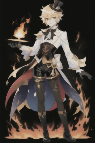 Lyney (genshin impact), boy with black and shiny high tights, black gloves, androgynous boy, top hat magician, soft and skinny body, white skin, rose cheeks and nose, short cut blonde hair, Full body shot, victorian corset with shorts and white sleeves, doing a magician show with fire cards and a bow, Silly cat, highres,boy ,1boy, victorian Mid-Calf Boots Black Leather,