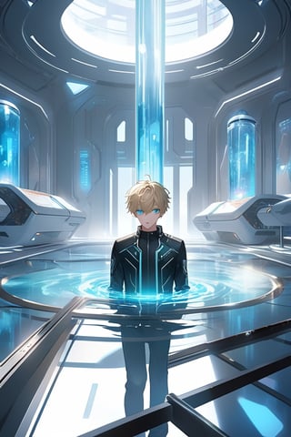 A warm blue glow emanates from the laboratory's polished white floor, casting a soft light on the futuristic setting. Vaulted walls and a large pool of liquid converge to create a clinical atmosphere, where a striking android boy floats one meter above the surface. His piercing emerald eyes gleam as delicate pink accents adorn his nose, lips, and knees. Soft blue hues harmonize with his synthetic body as extensions emerge from his limbs. In the background, a curious blond-haired human boy peeks out from behind an assembly module, captivated by the android's intricate composition.