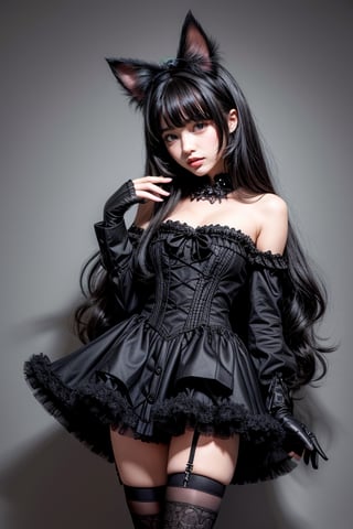 1girl, solo, long hair, black hair, thighhighs, gloves, dress, bow, animal ears, frills, black thighhighs, cat ears, fingerless gloves, black dress, lolita fashion, realistic, gothic lolita, gothic,