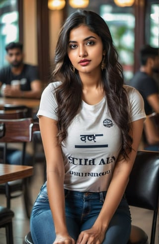 23 year old indian girl, ralistic, cute face, curve attractive figure, long and black hair, black eye, bow shape lips, wear t-shirt and jeanse, siting on chair in restaurent, super model, people enjyoing in backgroung.