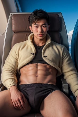 masterpiece, 1 slim boy, 28 years old, Look at me, young Asian boys, Handsome brown hair Asian boys,, Thick body hair, wearing casual warm clothes, laying on airplane sofa, lying on the airplane chair, . In an aeroplane, in an airplane background, cinematic lighting, UHD,Extra Realistic XL,flash