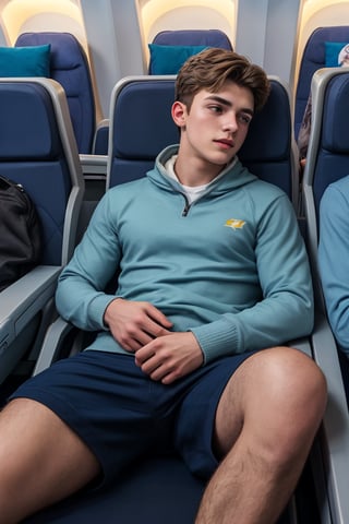 masterpiece, 1 slim boy, 18 years old, Look at me, young boys, Handsome brown hair boys,, wearing casual warm clothes, laying on airplane sofa, lying on the airplane chair, . In an aeroplane, in an airplane background, cinematic lighting, UHD,Extra Realistic XL,flash