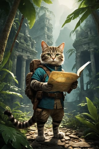 An explorer cat holds a map, clutching a dagger, amidst ancient ruins in a tropical jungle.