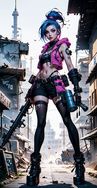 League of Legends
Jinx is a manic demolitionist, dressed in colorful punk-style clothing, wielding a machine gun and rocket launcher. Jinx's scenes are usually set in chaotic urban streets or abandoned factories.