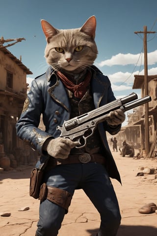 A gunslinger cat takes aim with dual pistols in a small desert town.