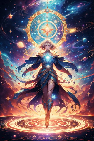 Generate a super exquisite image of a magical female warrior (supermodel). She stands on the magic circle of a six-pointed star, with her hands raised to cast strong magic, space background, magic special effects, light particles,Illustration,portrait,Fantasy,DonMM4g1c