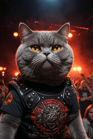A close-up shot of a rebellious British Shorthair cat, sporting a heavy metal T-shirt with bold graphics and a studded belt, bangs its head in fervent appreciation as the mosh pit erupts on stage. The dimly lit concert hall's red glow and strobe lights cast an edgy atmosphere, while the cat's determined gaze is framed by the raised fists of the crowd.