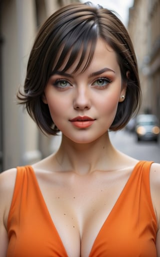 (best quality,4k,8k,highres,masterpiece:1.2),ultra-detailed,(realistic,photorealistic,photo-realistic:1.37), 1girl, solo, looking at viewer, short hair, bangs, black hair, orange dress, parted lips, (orange and white dress:1.2), professional photography