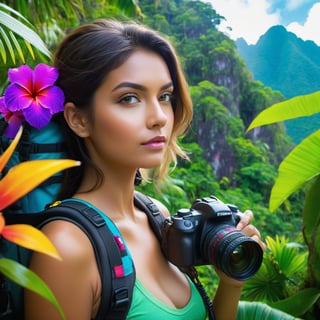 create an image of a half body close up portrait of a beautiful girl on a clift, with explorer gear, in a tropical forest, sourding by lotso of bright vivid glowing colorful flowers, from an elevated vantage point, observing a cluster of petite tropical islands adorned with towering summits, ultra HD, vivid color, hazey blue depth of field