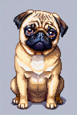 ((masterpiece, best quality, 16k, ultra-detailed)), 1dog, pug, puppy, sitting, (looking at viewer:1.3), full body, simple background, very clear and precise images, pixel art