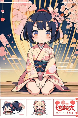 very clear and precise images, 1girl, (chibi:1.3), (kawaii:1.3), kimono, sitting, arms at sides, (Japanese style), (art poster:1.4), (artistic background:1.4), (illustration:1.4), (masterpiece:1.3), ((top quality, 8k, ultra-detailed)), perfect anatomy, looking at viewer