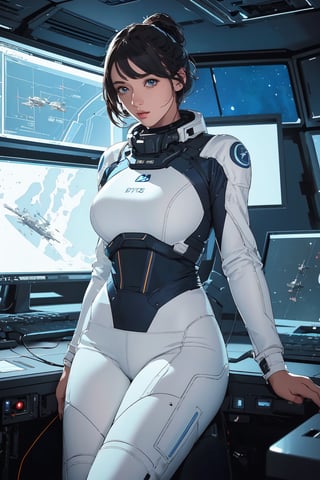 very clear and precise images, 1girl, space suit, very cool, beautiful and excellent, cool pose, sitting in the operator's seat, work in front of many monitors, inside a space battleship, (illustration:1.4), (masterpiece:1.3), ((top quality, 8k, ultra-detailed, super-detail)), perfect anatomy, detailed eyes