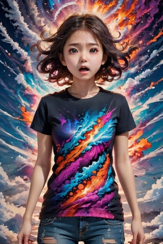 1girl, very cute, medium shot, A whirlwind of disaster, Unfathomable horror, Terribly complex, Infinite depth,
An explosion of color, Incredibly elaborate, Intense impression, (masterpiece:1.3), ((highest quality, 16k, ultra-detailed)),T-shirt design